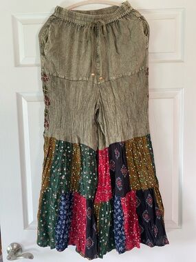 Boho Patchwork Wide-Leg Pants in Olive with Multicolor Panels